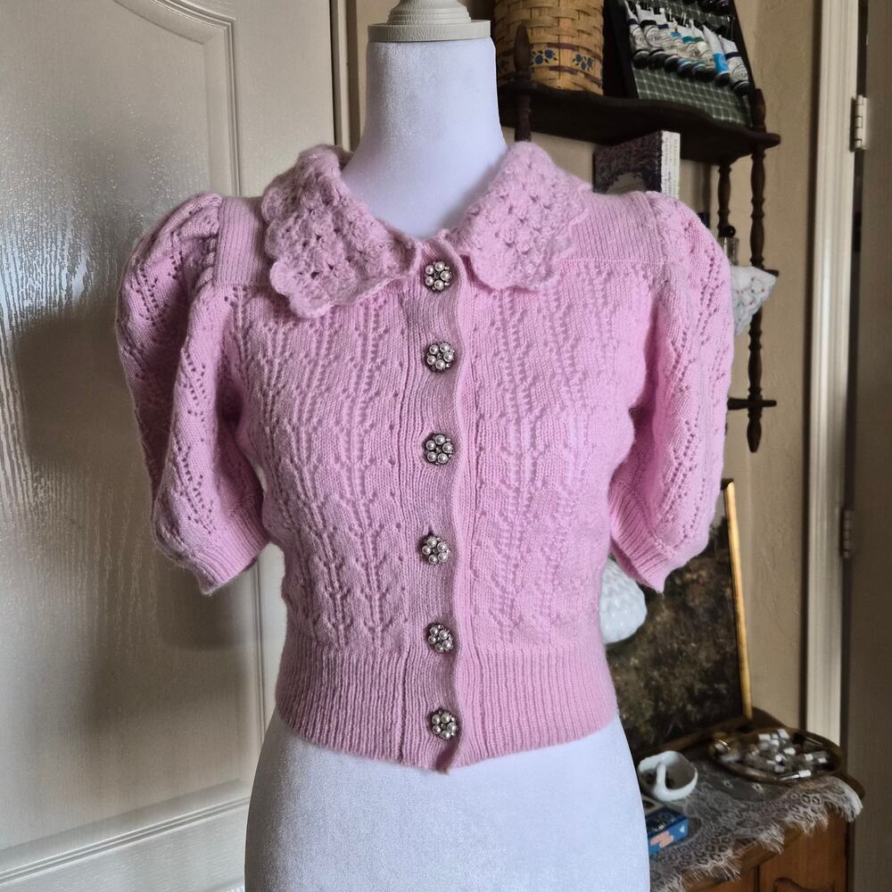 ASTR the Label Pink Pointelle Knit Cardigan Peter Pan Pearl Button Sweater Small